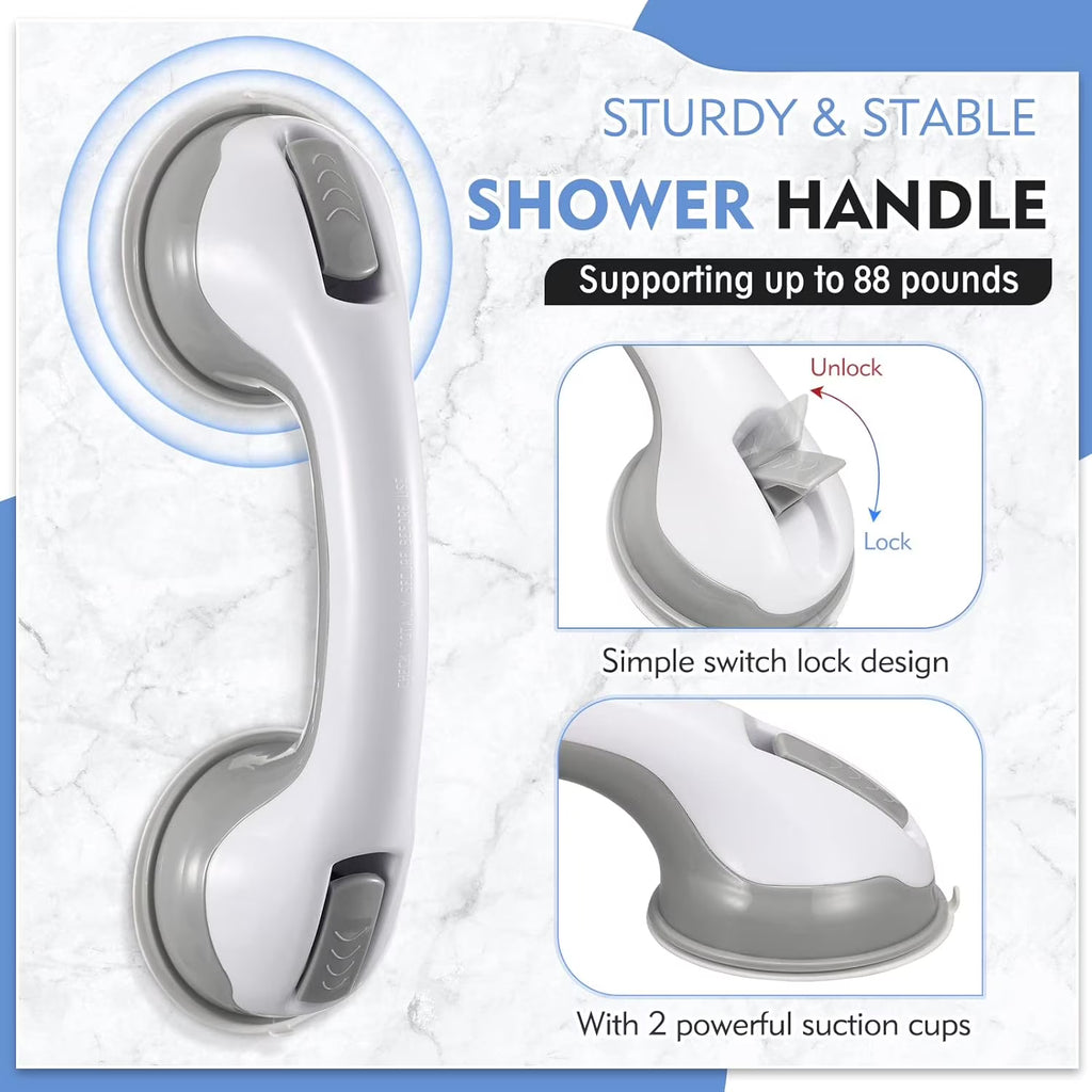 Yomfey 2-Pack Suction Shower Grab Bars for Seniors, Bathroom Safety Handles with Non-Slip Grip, Tool-Free Installation for Shower, Bathtub and Toilet