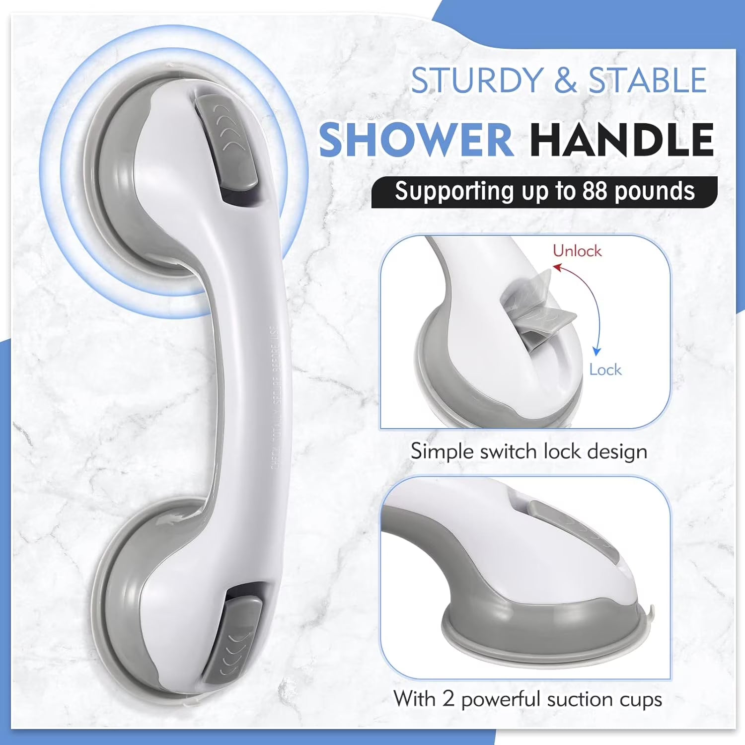Yomfey 2-Pack Suction Shower Grab Bars for Seniors, Bathroom Safety Handles with Non-Slip Grip, Tool-Free Installation for Shower, Bathtub and Toilet