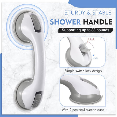 Yomfey 2-Pack Suction Shower Grab Bars for Seniors, Bathroom Safety Handles with Non-Slip Grip, Tool-Free Installation for Shower, Bathtub and Toilet