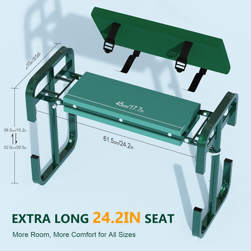 Yomfey Foldable Garden Kneeler and Seat for Seniors, Gardening Stool with Soft Cushion, Adjustable Legs & Tool Pouch, Portable Outdoor Garden Bench for Yard Work