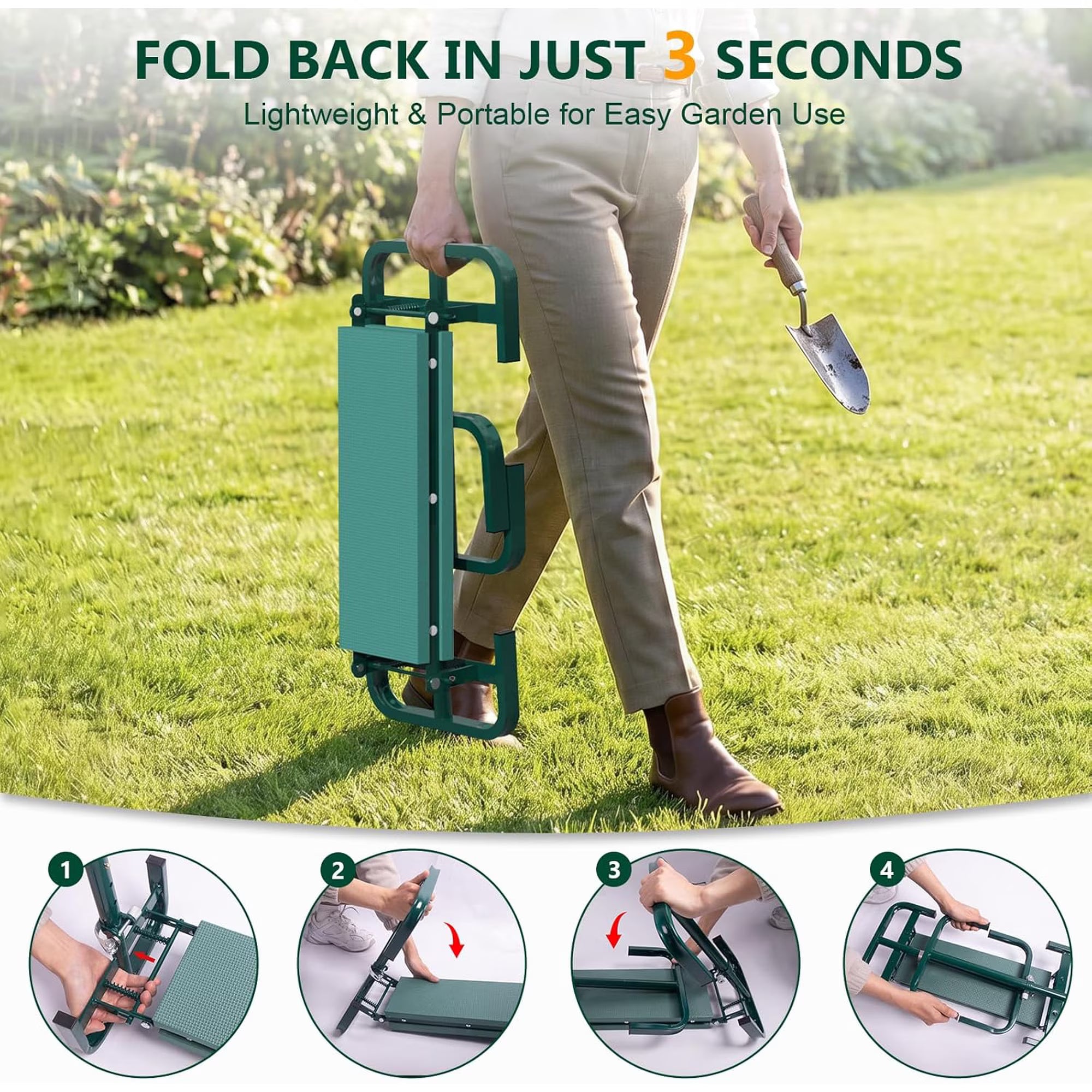 Yomfey Foldable Garden Kneeler and Seat for Seniors, Gardening Stool with Soft Cushion, Adjustable Legs & Tool Pouch, Portable Outdoor Garden Bench for Yard Work