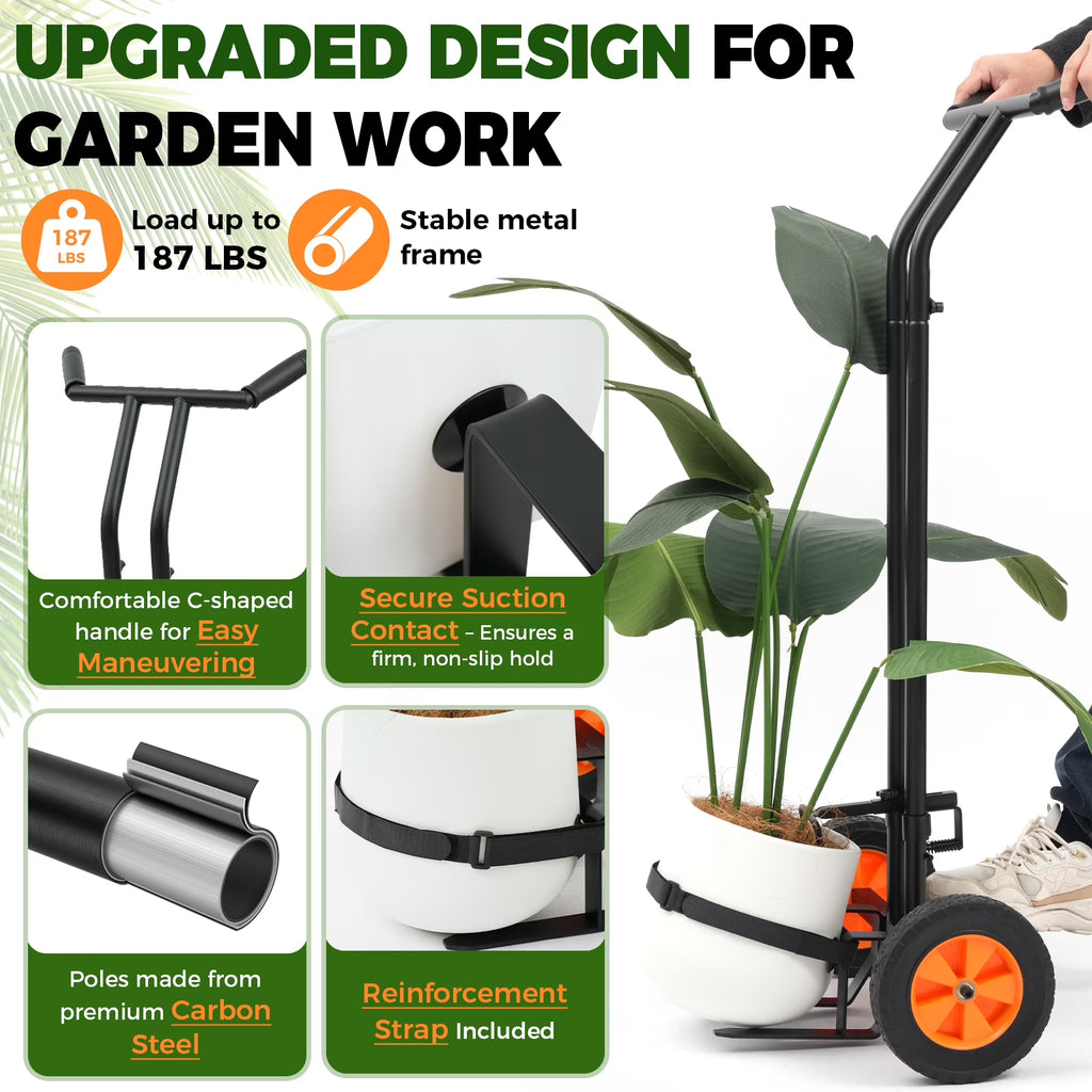 Plant Caddy with Wheels, Heavy Duty Plant Dolly Cart for Large Pots, Adjustable Grabbing Arm & Suction Cups, Garden Pot Mover Trolley with Strap for Indoor & Outdoor Use, Black