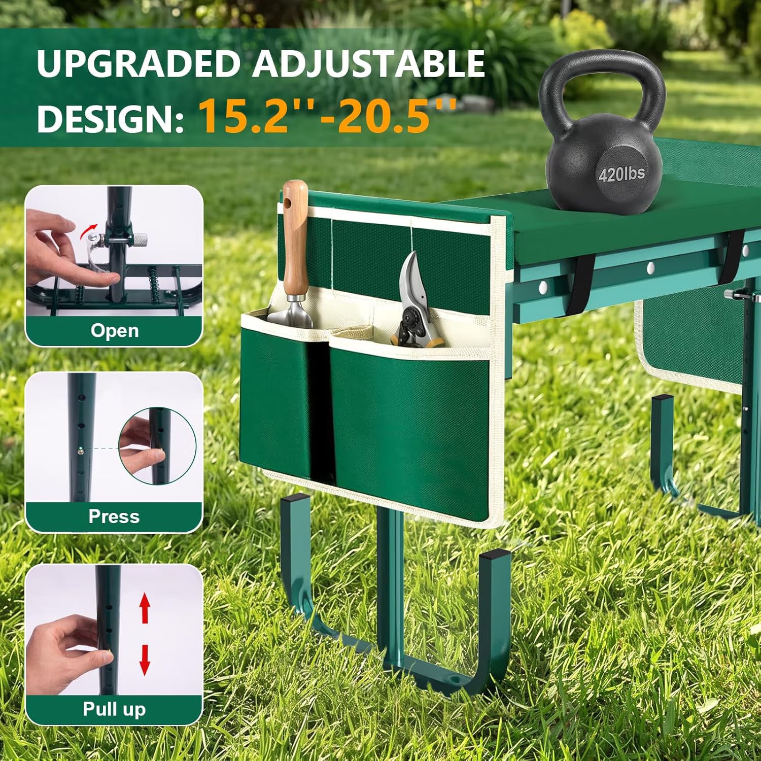 Yomfey Foldable Garden Kneeler and Seat for Seniors, Gardening Stool with Soft Cushion, Adjustable Legs & Tool Pouch, Portable Outdoor Garden Bench for Yard Work
