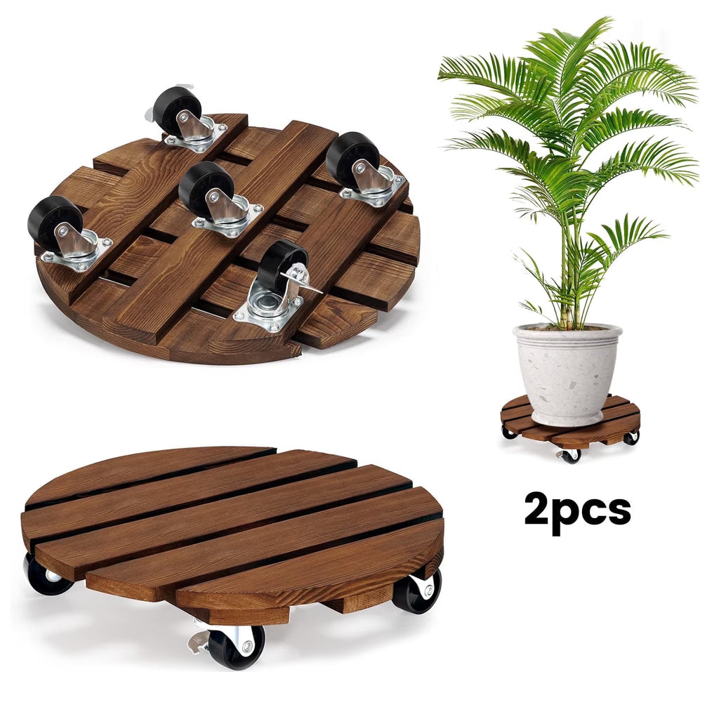 Yomfey 2-Pack 12-Inch Wooden Plant Caddy with Lockable Wheels, Heavy Duty Rolling Plant Stand for Large Pots, Round Wood Plant Dolly Supports up to 170 lbs Each