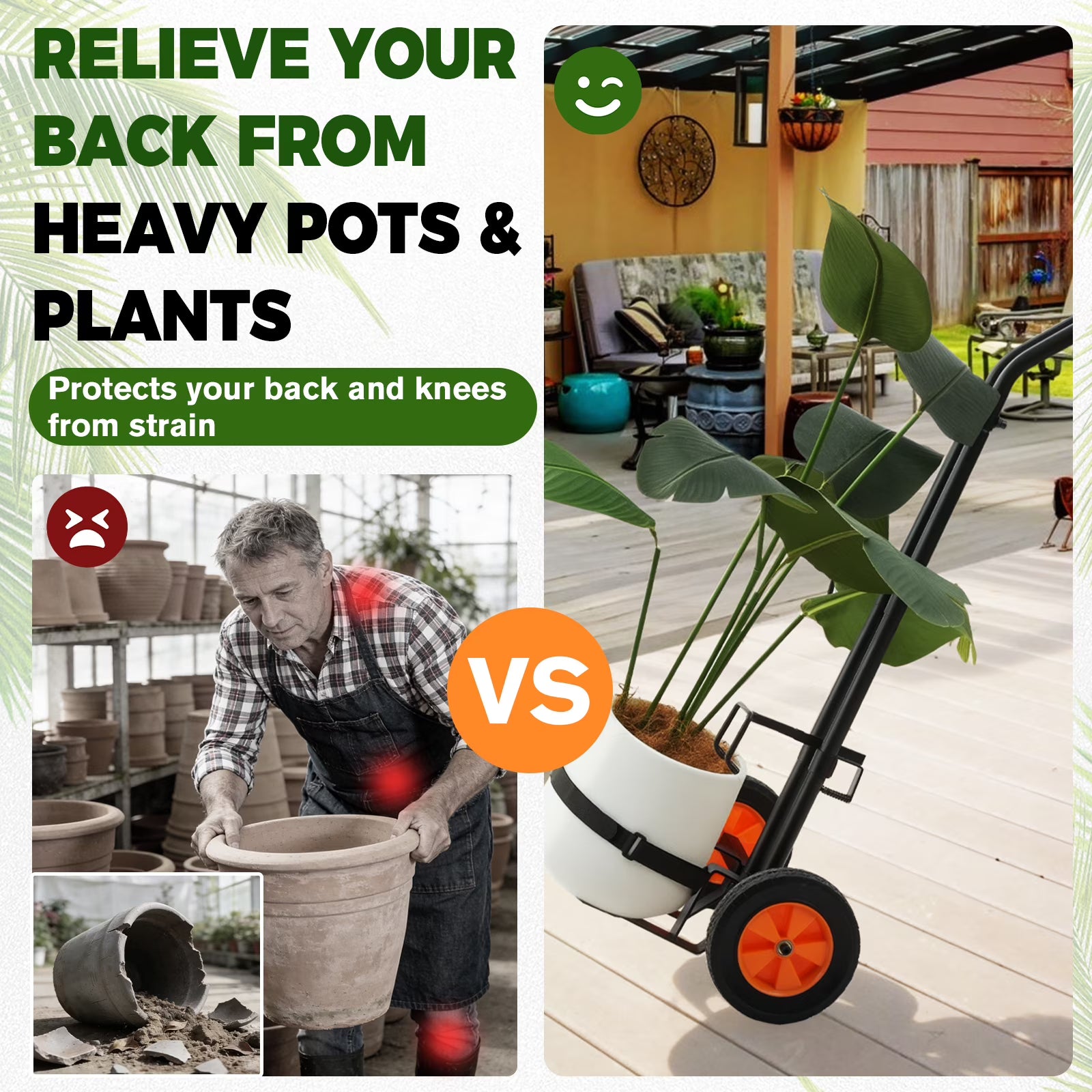Plant Caddy with Wheels, Heavy Duty Plant Dolly Cart for Large Pots, Adjustable Grabbing Arm & Suction Cups, Garden Pot Mover Trolley with Strap for Indoor & Outdoor Use, Black