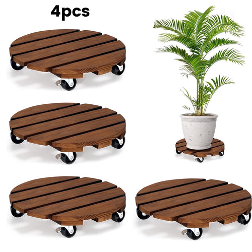 Yomfey 2-Pack 12-Inch Wooden Plant Caddy with Lockable Wheels, Heavy Duty Rolling Plant Stand for Large Pots, Round Wood Plant Dolly Supports up to 170 lbs Each