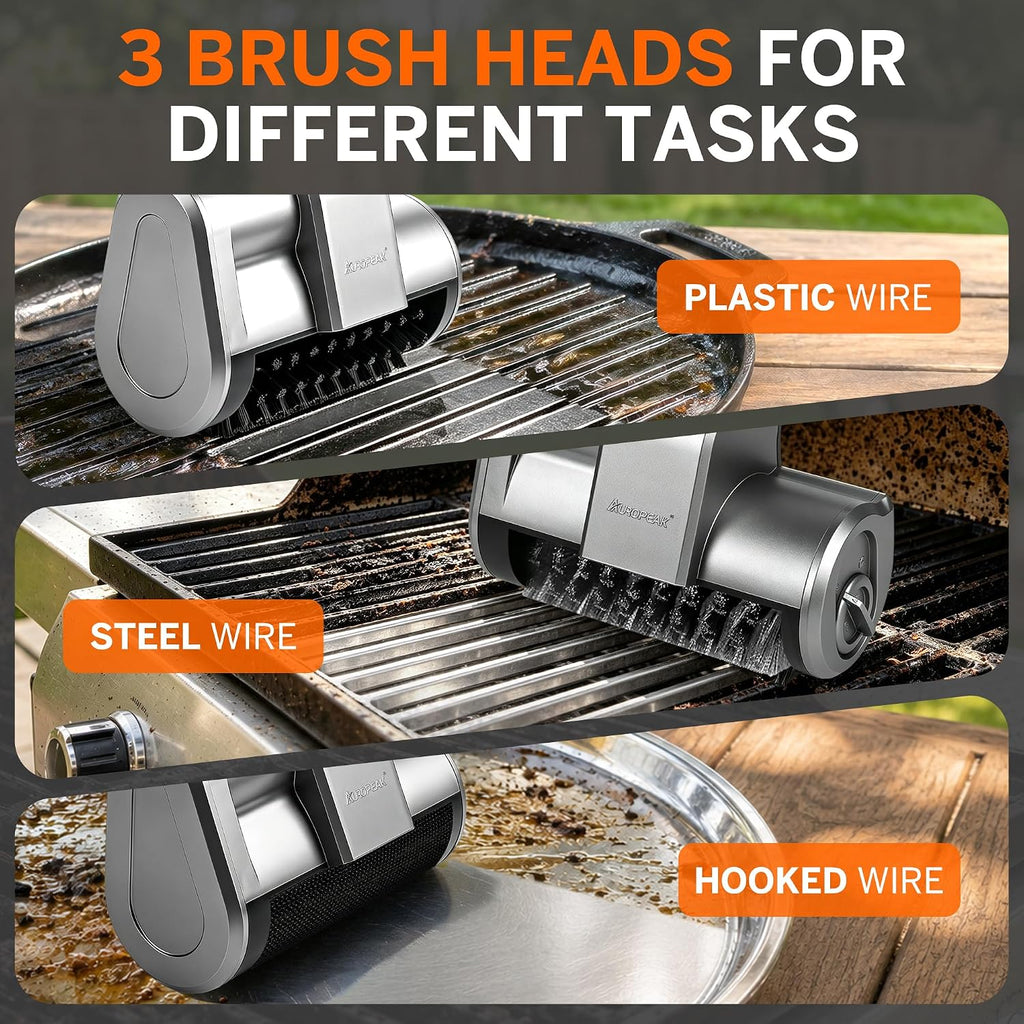 Auropeak Electric Grill Brush, Cordless BBQ Grill Cleaner, 3 Brush Heads