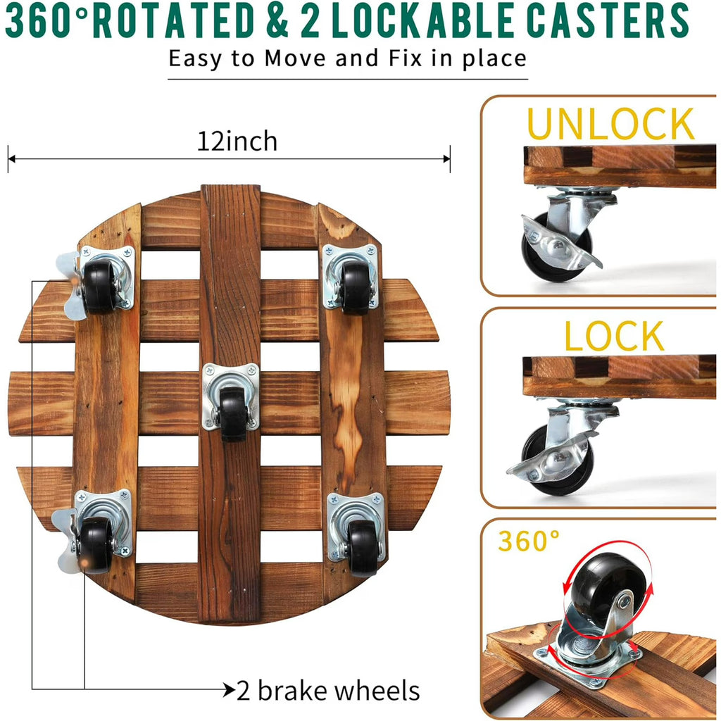 Yomfey 2-Pack 12-Inch Wooden Plant Caddy with Lockable Wheels, Heavy Duty Rolling Plant Stand for Large Pots, Round Wood Plant Dolly Supports up to 170 lbs Each