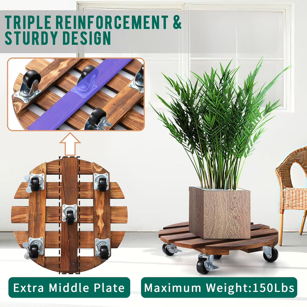 Yomfey 2-Pack 12-Inch Wooden Plant Caddy with Lockable Wheels, Heavy Duty Rolling Plant Stand for Large Pots, Round Wood Plant Dolly Supports up to 170 lbs Each
