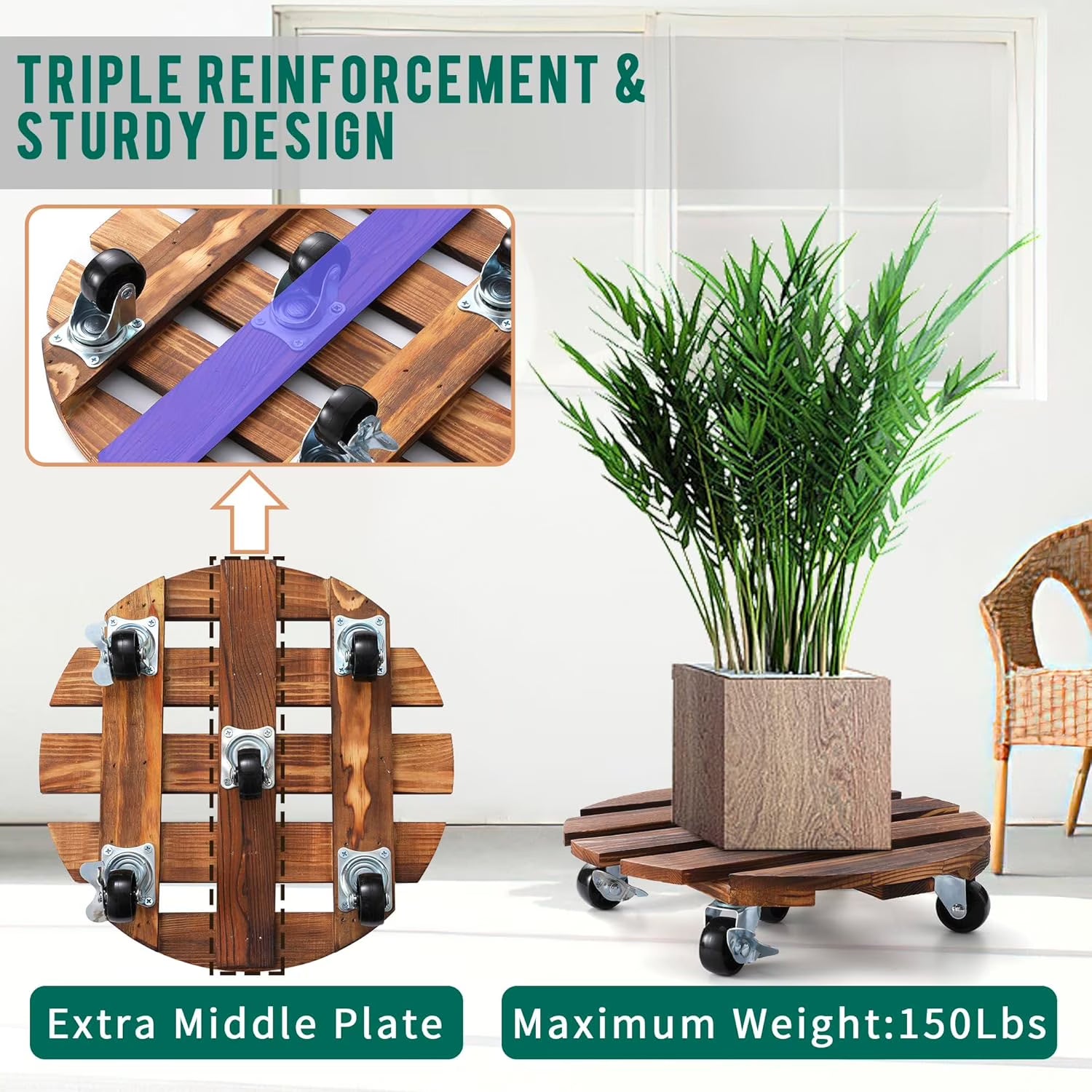 Yomfey 2-Pack 12-Inch Wooden Plant Caddy with Lockable Wheels, Heavy Duty Rolling Plant Stand for Large Pots, Round Wood Plant Dolly Supports up to 170 lbs Each