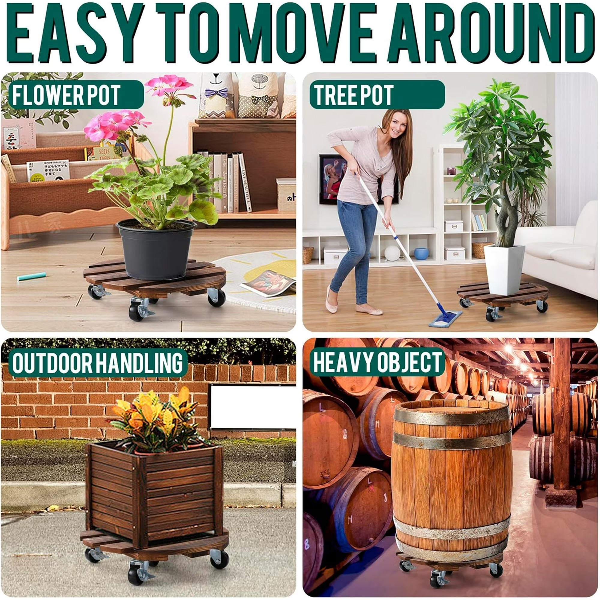 Yomfey 2-Pack 12-Inch Wooden Plant Caddy with Lockable Wheels, Heavy Duty Rolling Plant Stand for Large Pots, Round Wood Plant Dolly Supports up to 170 lbs Each