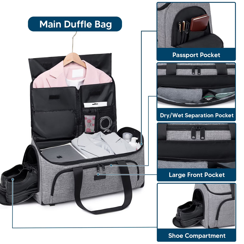 Yomfey Garment Duffel Bag for Travel, 58L Carry-On Garment Bag with Shoe Compartment, Waterproof Wrinkle-Free Suit Travel Weekender Bag for Men and Women