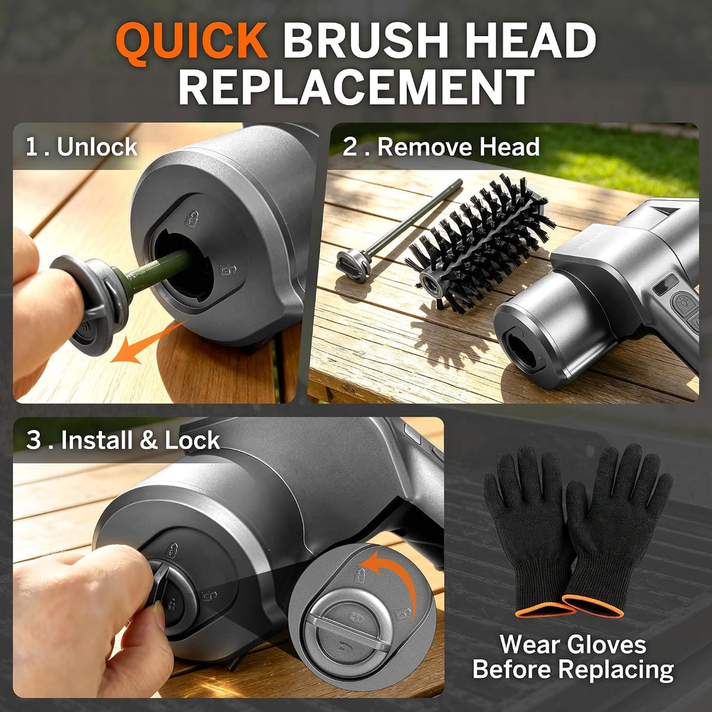 Auropeak Electric Grill Brush, Cordless BBQ Grill Cleaner, 3 Brush Heads