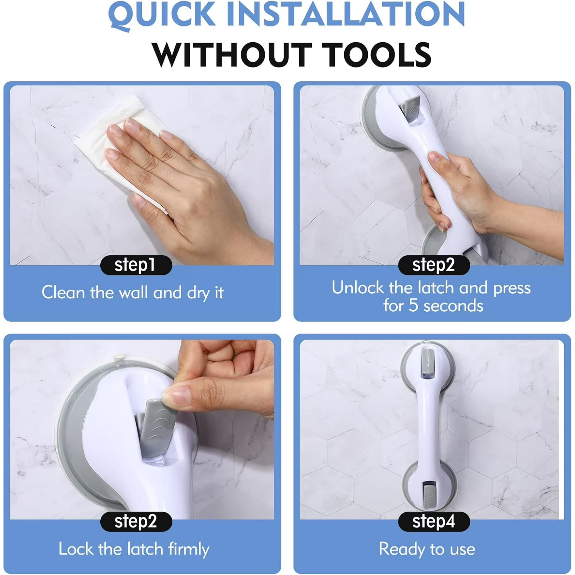 Yomfey 2-Pack Suction Shower Grab Bars for Seniors, Bathroom Safety Handles with Non-Slip Grip, Tool-Free Installation for Shower, Bathtub and Toilet