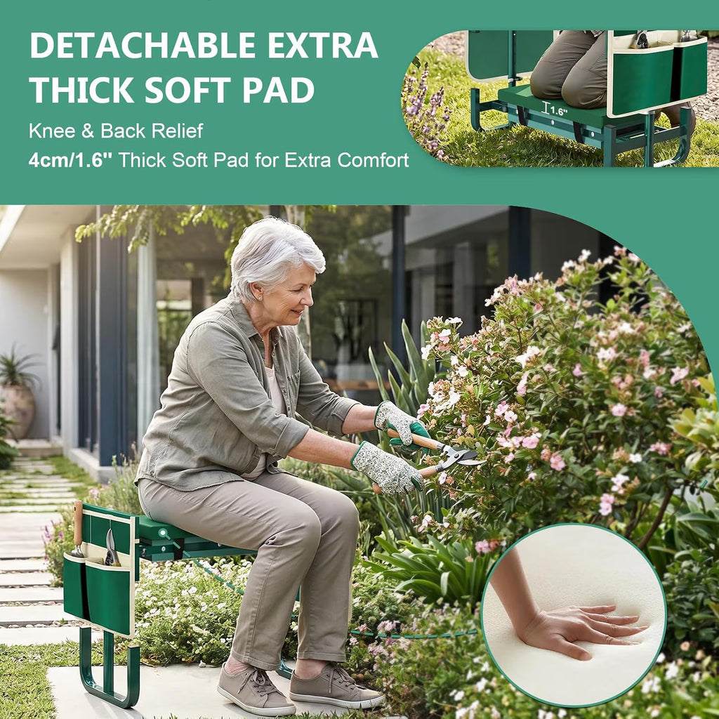 Yomfey Foldable Garden Kneeler and Seat for Seniors, Gardening Stool with Soft Cushion, Adjustable Legs & Tool Pouch, Portable Outdoor Garden Bench for Yard Work