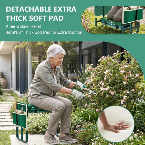 Yomfey Foldable Garden Kneeler and Seat for Seniors, Gardening Stool with Soft Cushion, Adjustable Legs & Tool Pouch, Portable Outdoor Garden Bench for Yard Work