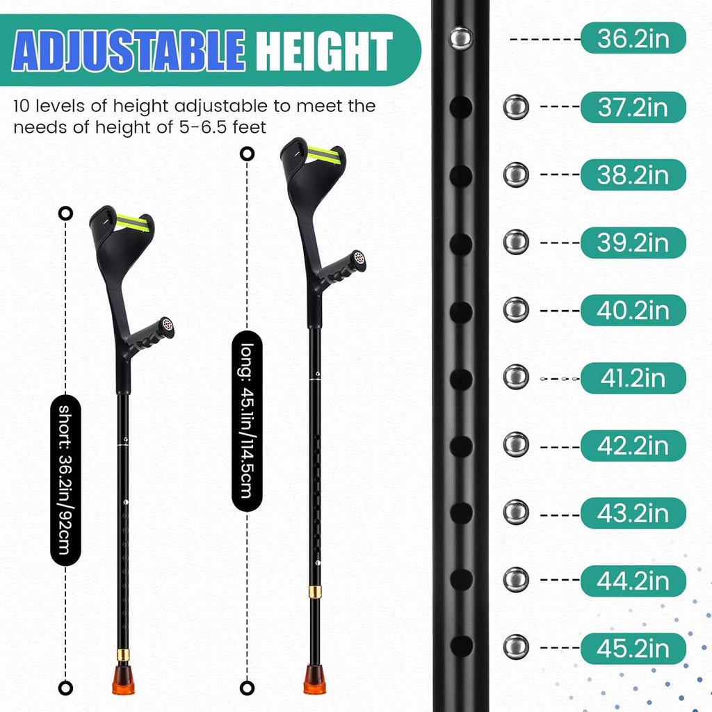 Yomfey Adjustable Forearm Crutches for Adults, Lightweight Aluminum Walking Crutches with 10 Height Settings, Ergonomic Handles, Reflective Strips, Supports up to 300 lbs