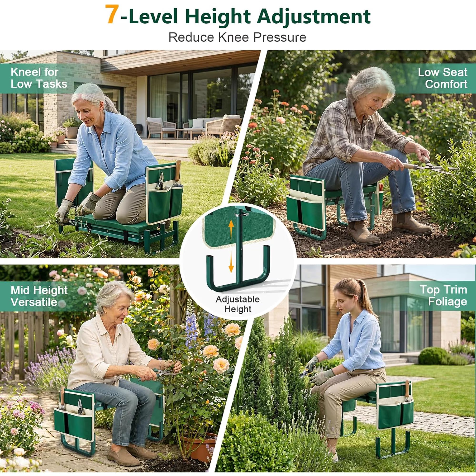 Yomfey Foldable Garden Kneeler and Seat for Seniors, Gardening Stool with Soft Cushion, Adjustable Legs & Tool Pouch, Portable Outdoor Garden Bench for Yard Work