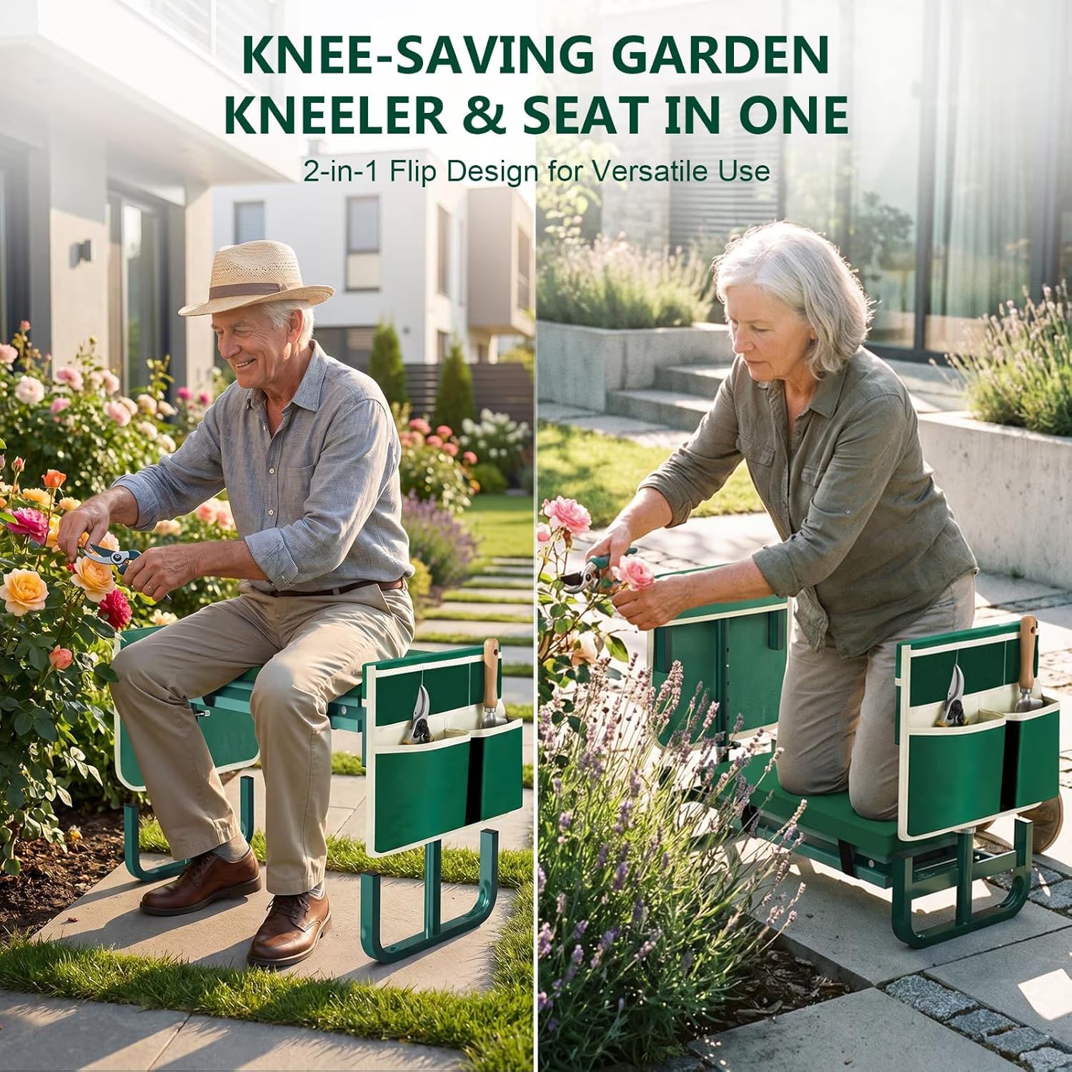 Yomfey Foldable Garden Kneeler and Seat for Seniors, Gardening Stool with Soft Cushion, Adjustable Legs & Tool Pouch, Portable Outdoor Garden Bench for Yard Work