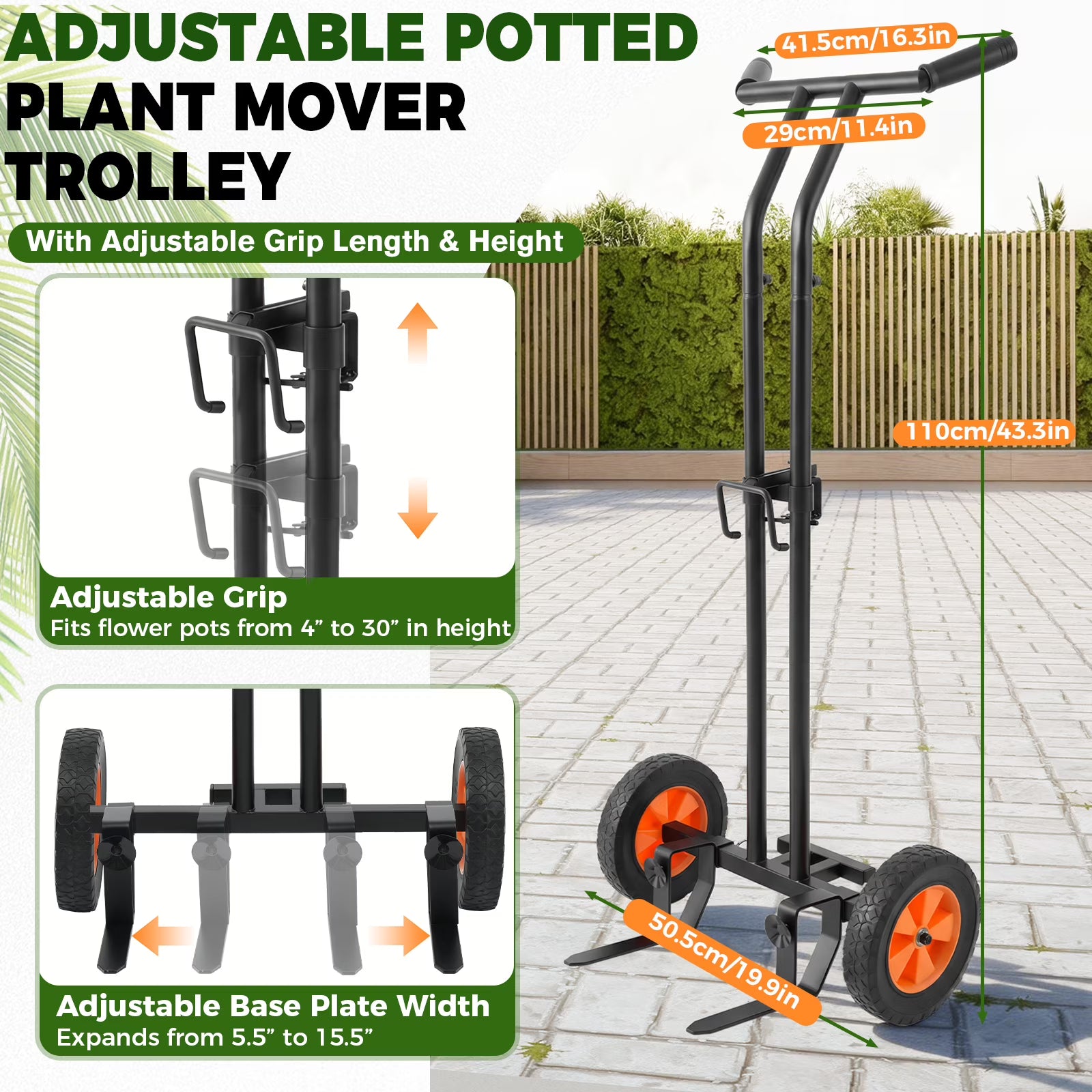 Plant Caddy with Wheels, Heavy Duty Plant Dolly Cart for Large Pots, Adjustable Grabbing Arm & Suction Cups, Garden Pot Mover Trolley with Strap for Indoor & Outdoor Use, Black
