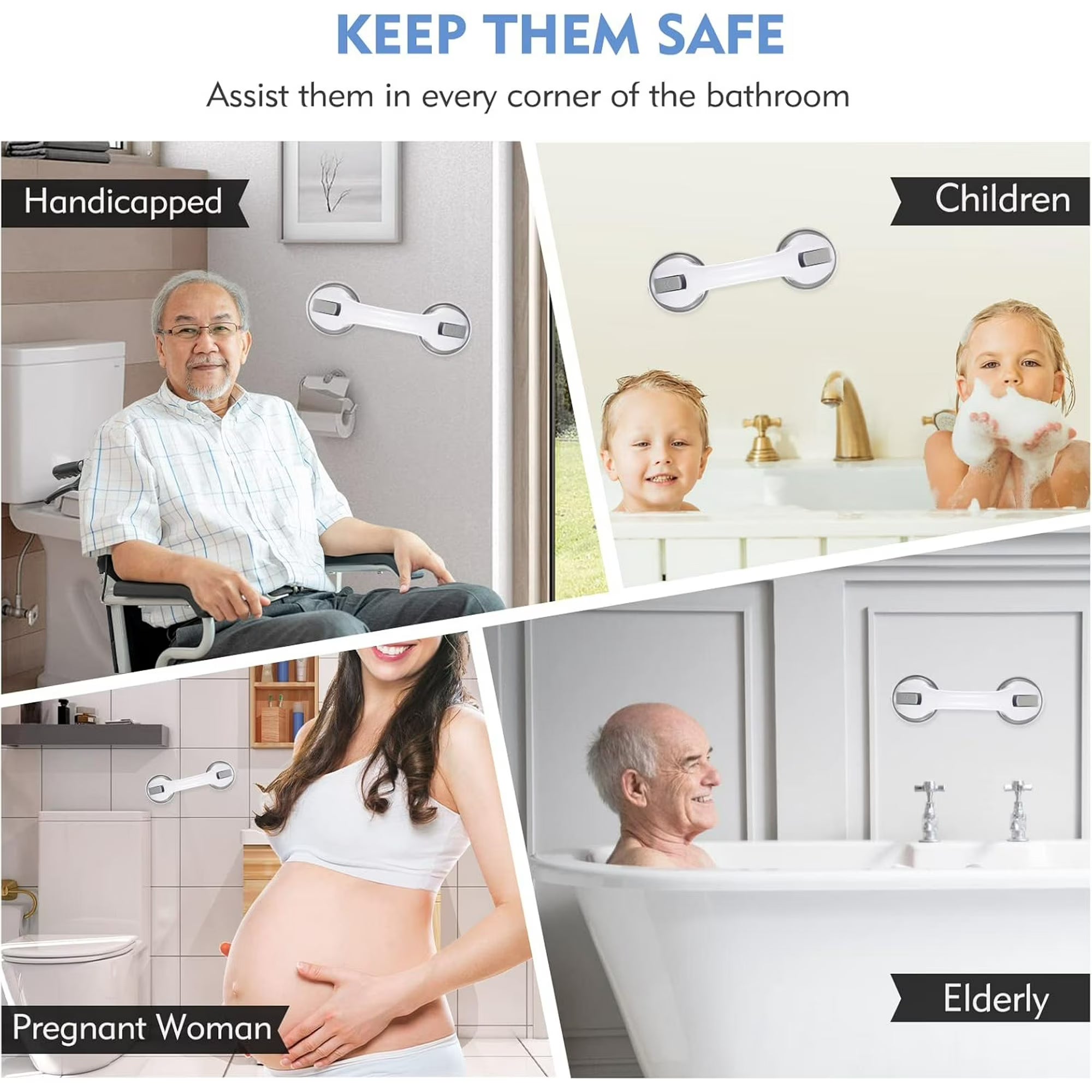 Yomfey 2-Pack Suction Shower Grab Bars for Seniors, Bathroom Safety Handles with Non-Slip Grip, Tool-Free Installation for Shower, Bathtub and Toilet